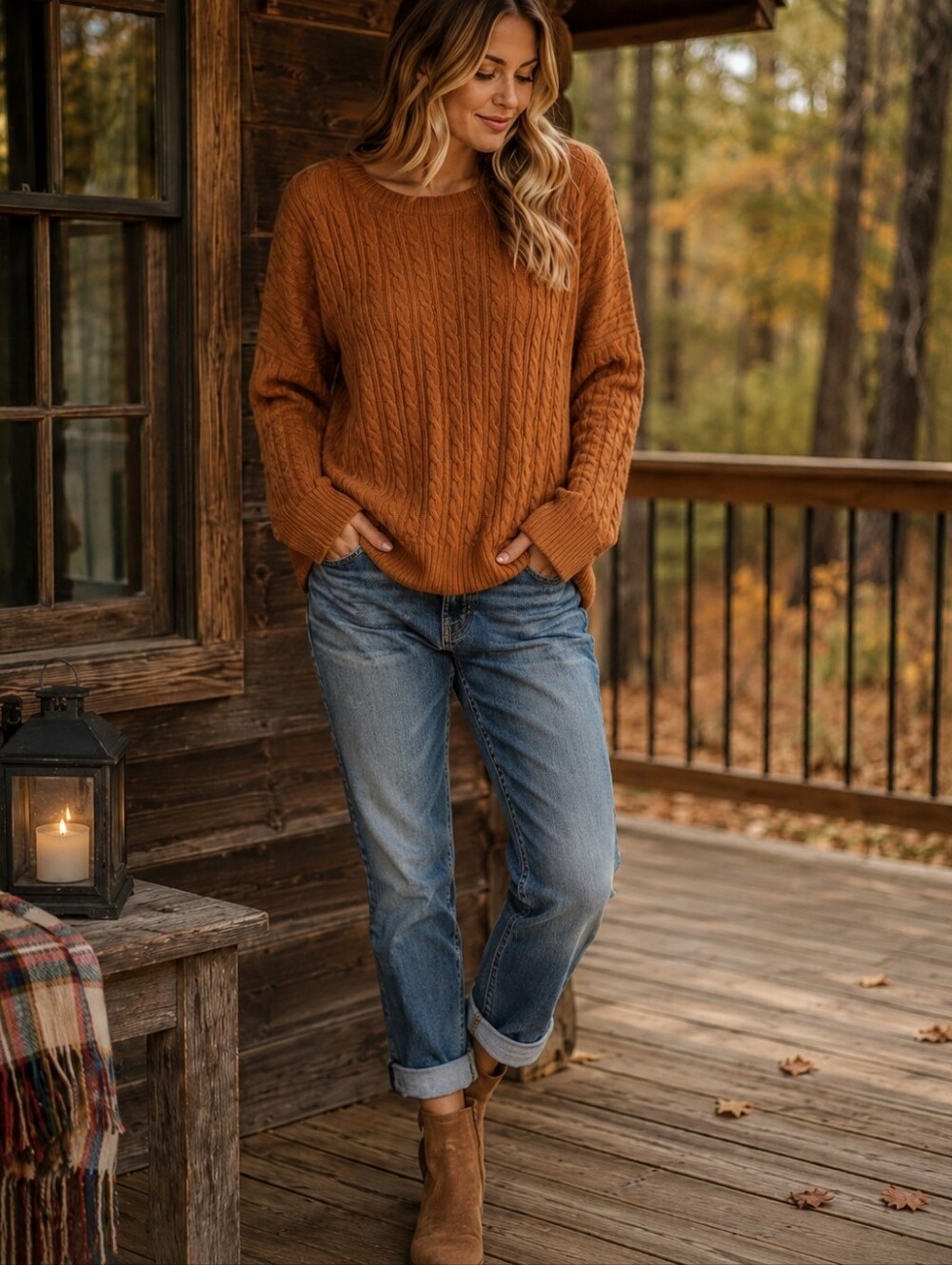 Women's 2X Rust Brown Cable Knit Cotton Blend Sweater Pullover Cottagecore